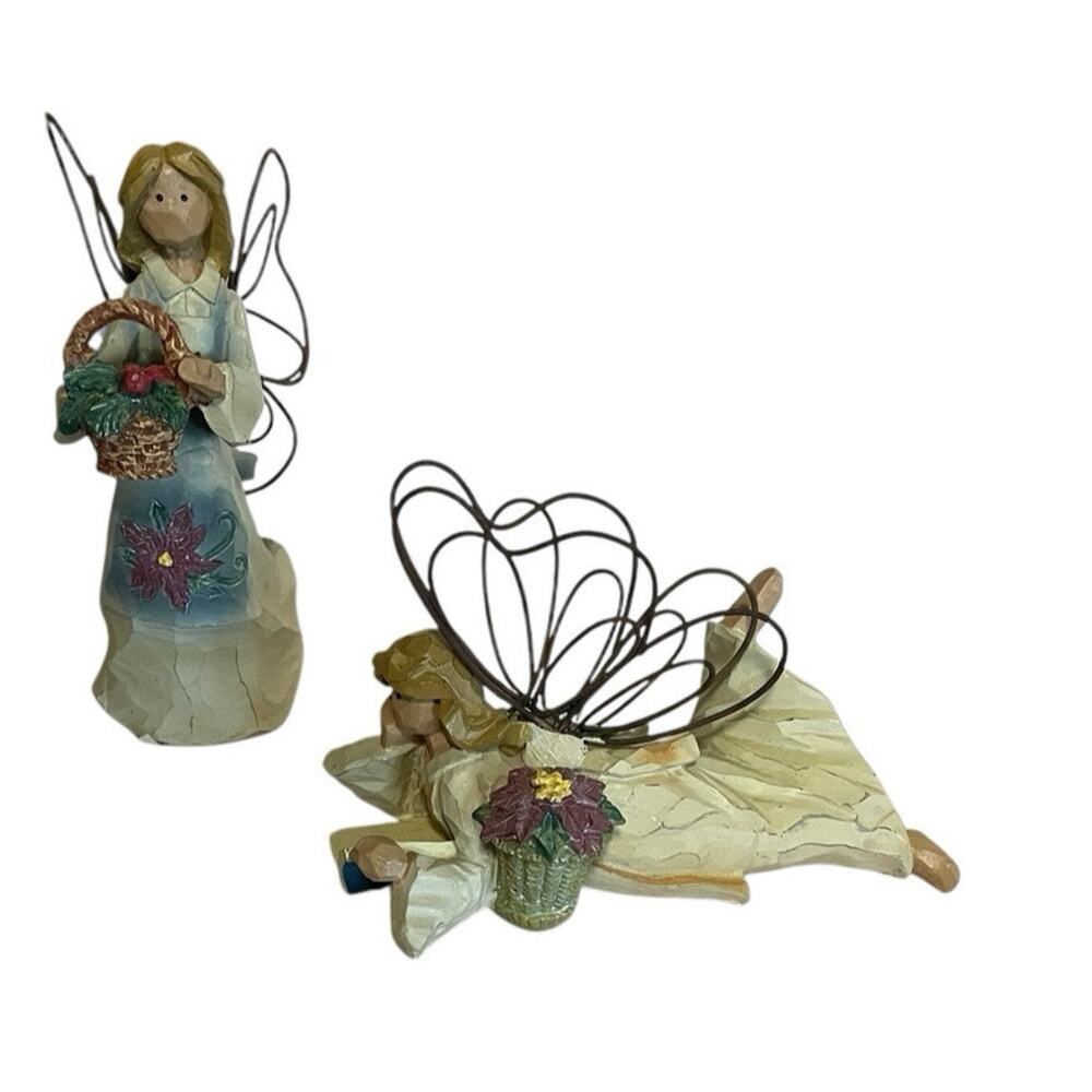 Angel figurines Flower Poinsettia Basket Resin VTG Cottage core Two  by Ganz